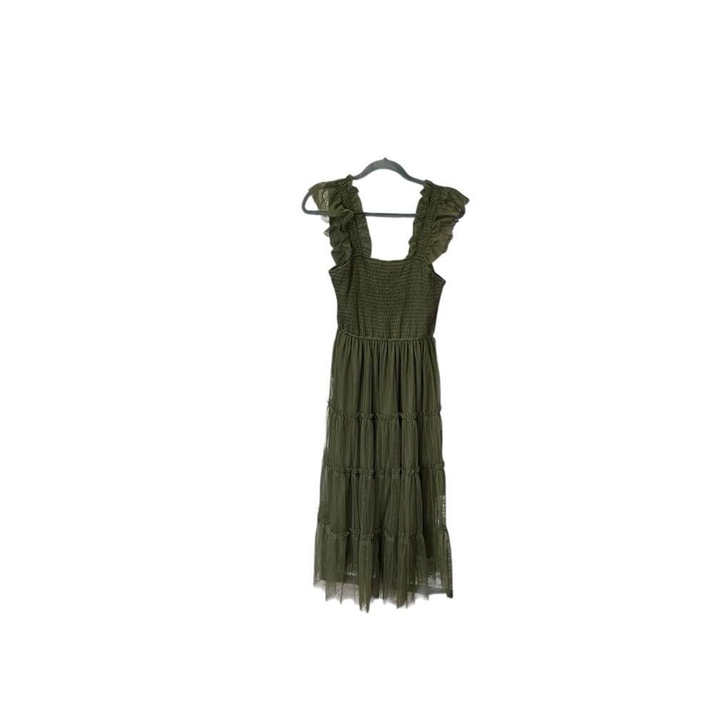 Olive green ruffled midi dress… Size small…Tulle overlay